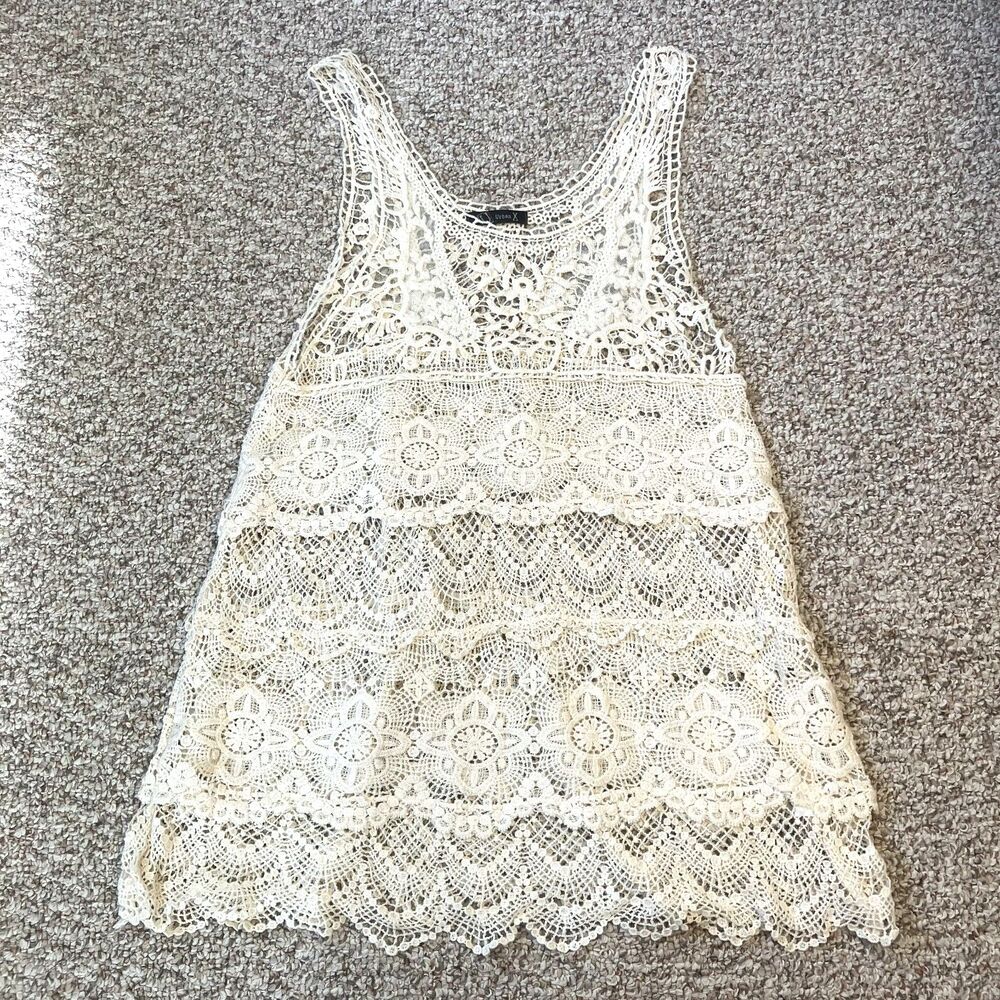 Urban X Womens Lace Crochet Tank Top Dress Size L Off White Swim Cover Beachy